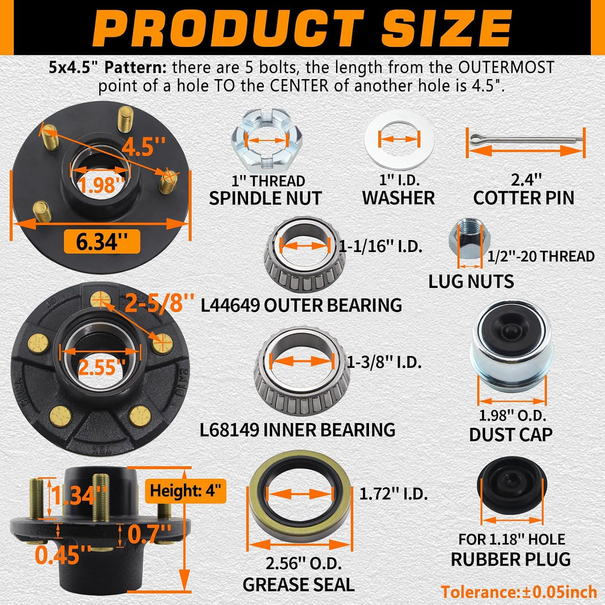 5x4.5 Trailer Hub Kits for 3500lb 1-1/16'' to 1-3/8'' Tapered Axle