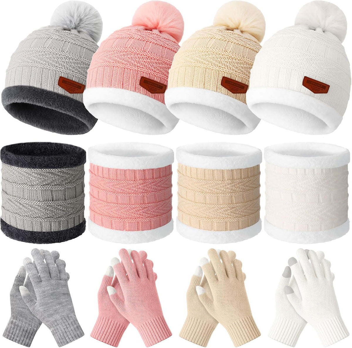 12 Pieces Kids Winter Hat Glove Scarf Sets Thick Fleece Knitted Beanie Touchscreen Warmer Gaiter for Boys and Girls