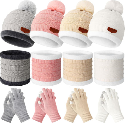12 Pieces Kids Winter Hat Glove Scarf Sets Thick Fleece Knitted Beanie Touchscreen Warmer Gaiter for Boys and Girls