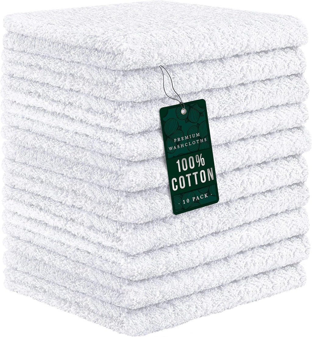 100% Cotton Washcloths 12x12 in, White (10 Pack)