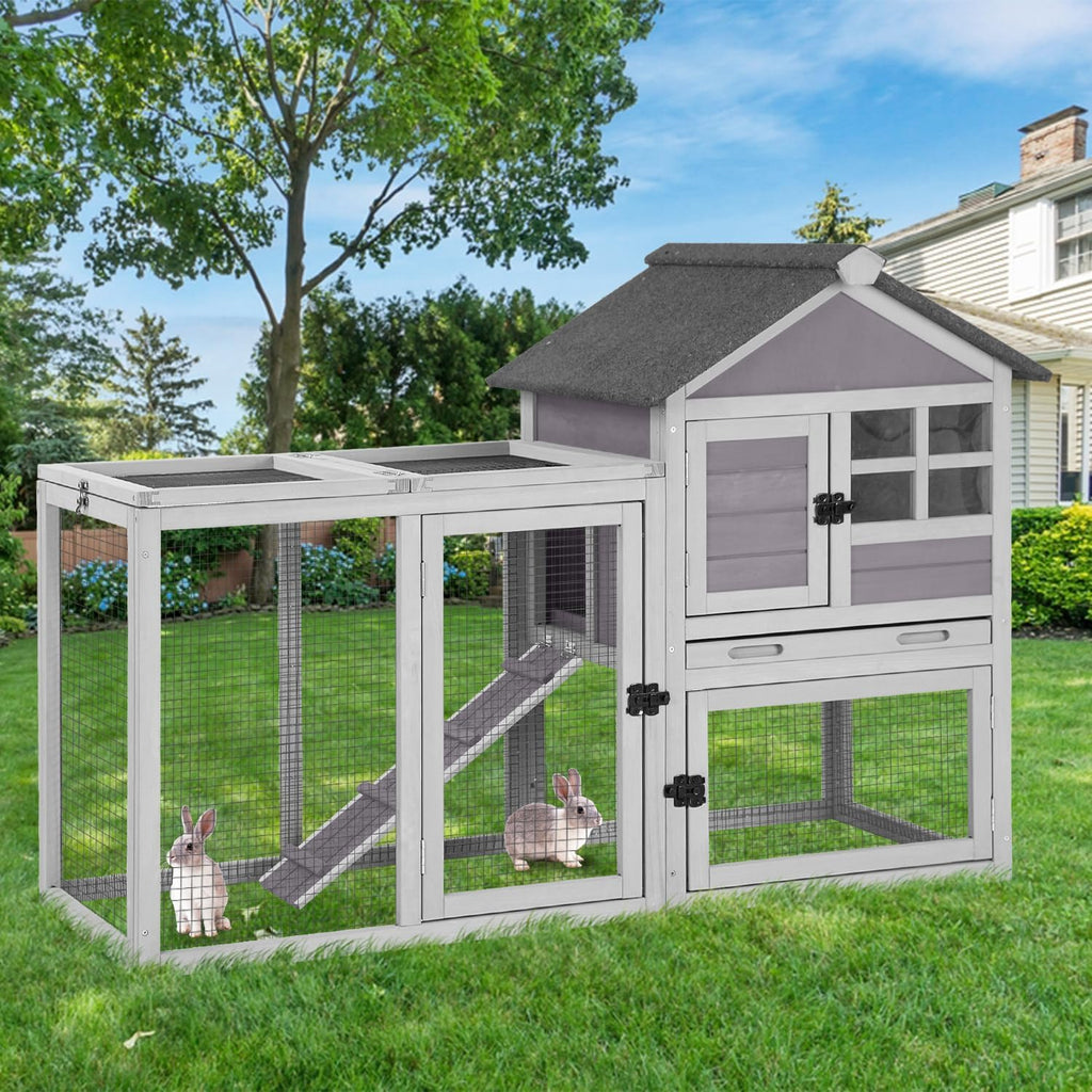 Large Rabbit Hutch Outdoor 2-Level Wooden Chicken Coop Indoor Weatherproof Bunny Cage Guinea Pig House with