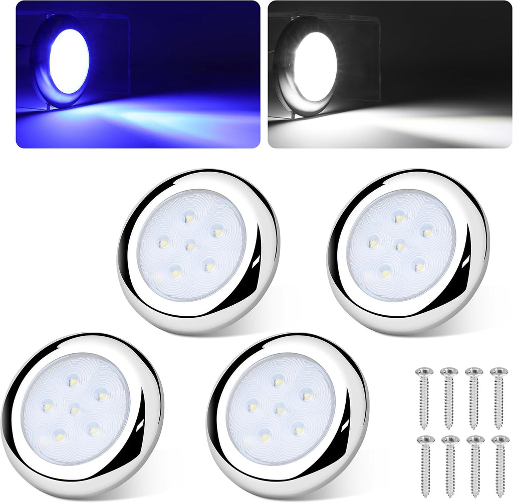 RVZONE 3" White & Blue Dual‑Color Boat Courtesy Lights, 4‑Pack IP68