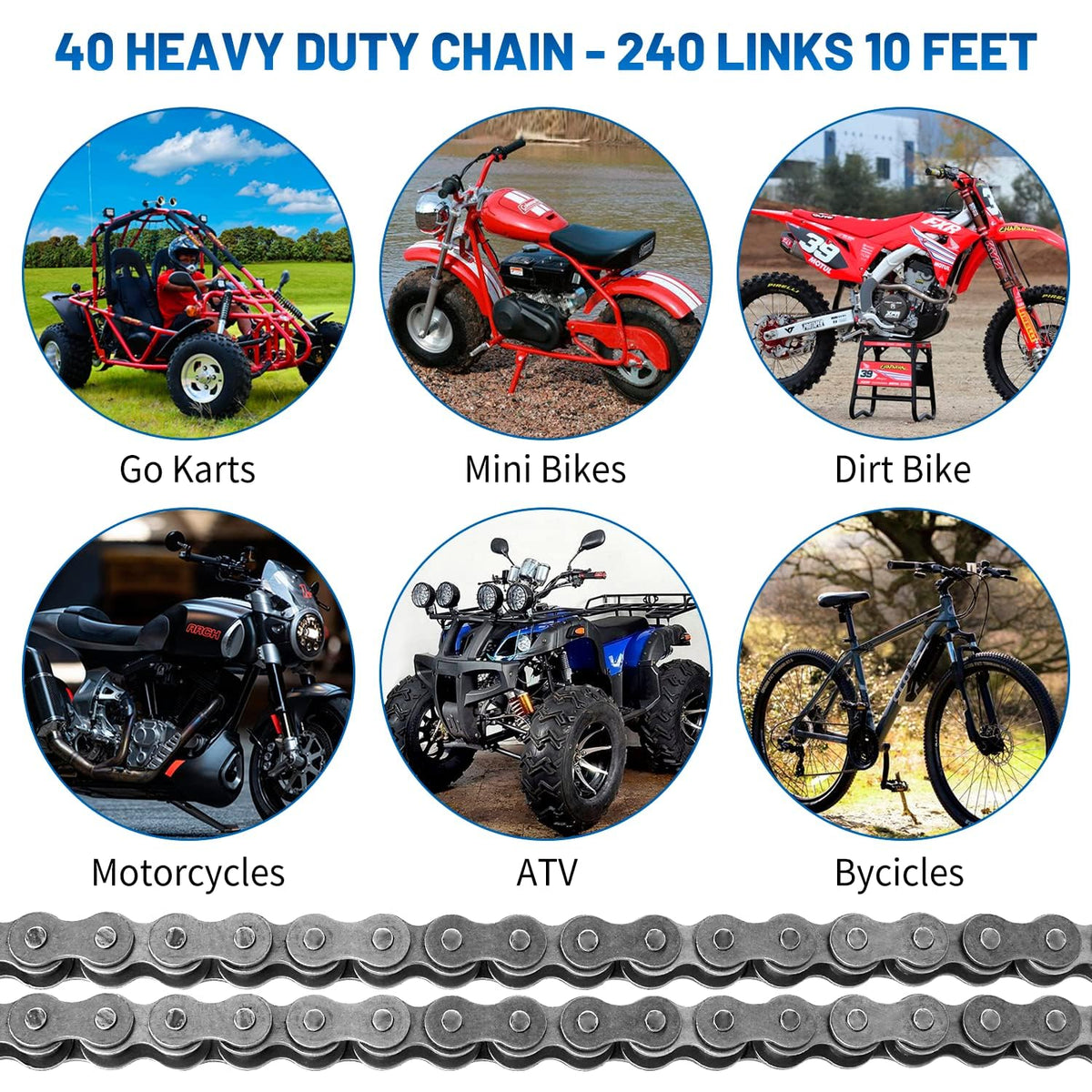 40 Roller Chain with Breaker 10 Feet 240 Links, 40 Chain with 5 Connecting Links
