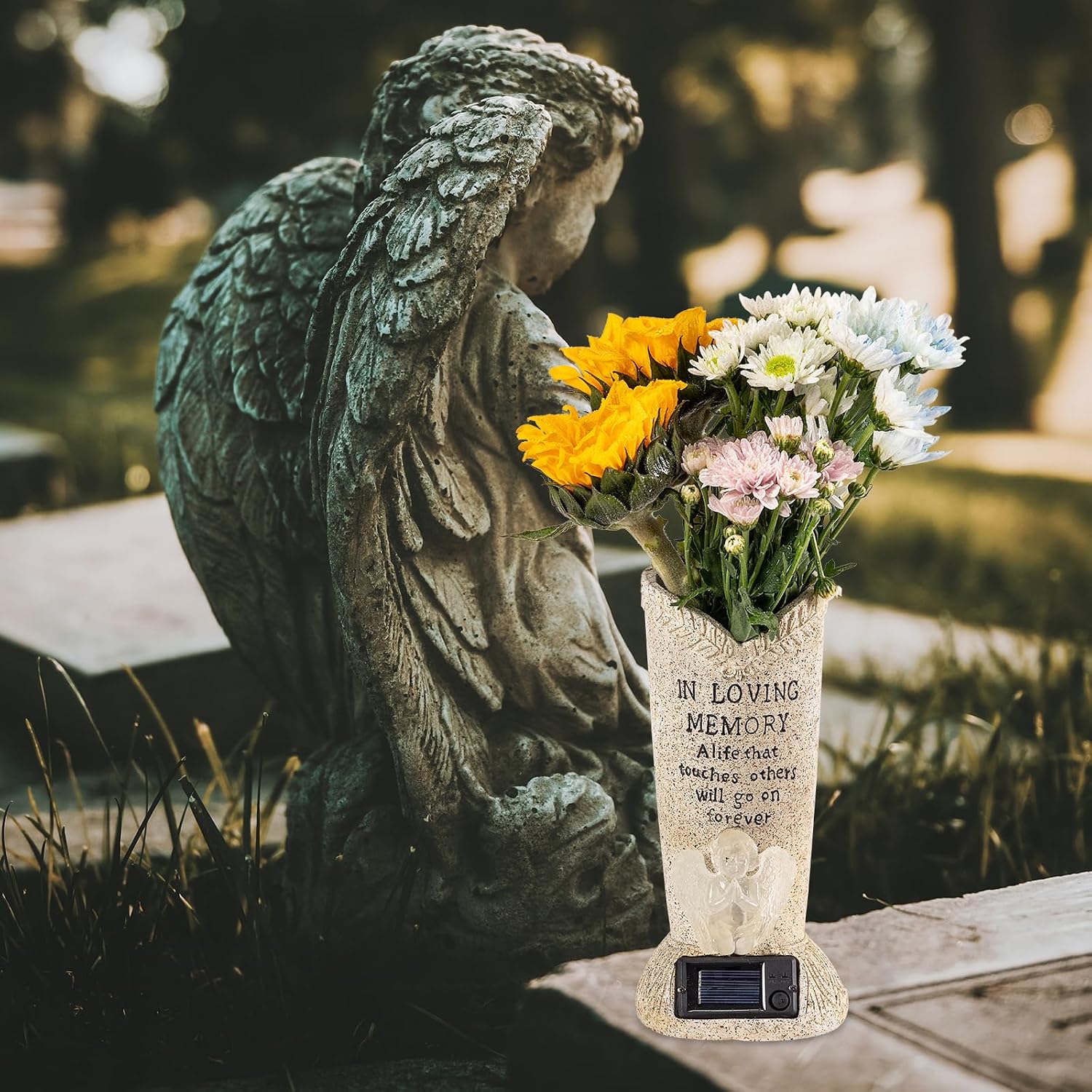 Solar Memorial Cemetery Flower Vase with LED for Fresh/Artificial Cemetery Grave Decorations Angel Statue Vase with