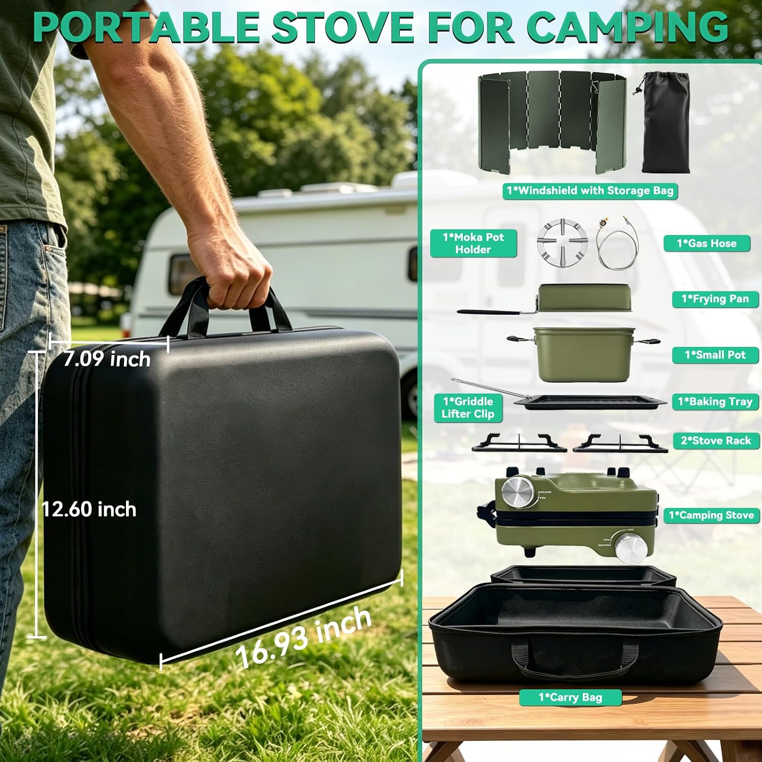 2 Burner Portable Propane Camping Stove Kit, 24000 BTU Foldable Hiking Stove with Frying Pan, Pot, Windshield & Carry