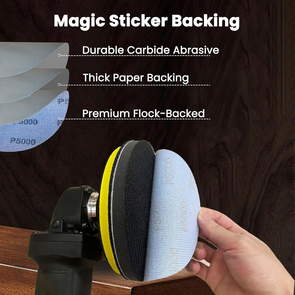 5 Inch 51pcs Wet Dry Sanding Discs Hook and Loop Foam Backing Pad, Waterproof Sandpaper Silicon Carbide for Random