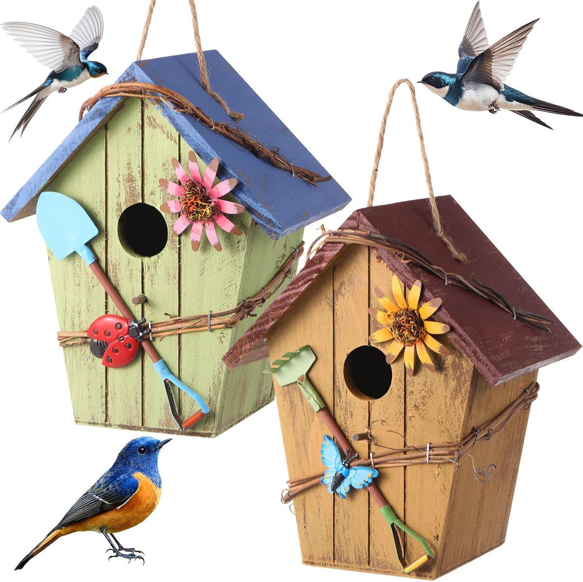 2 Pcs Hanging Bird Houses for Outside, Bright Color, Wooden Roof