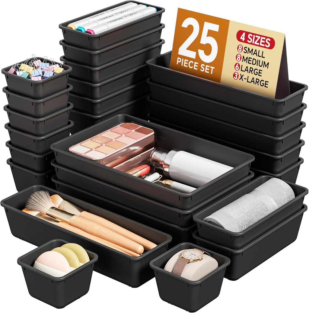25 PCS Plastic Drawer Organizers Set, 4 Sizes Vanity Organizer, Makeup and Desk Drawer Organizer Trays, Organization