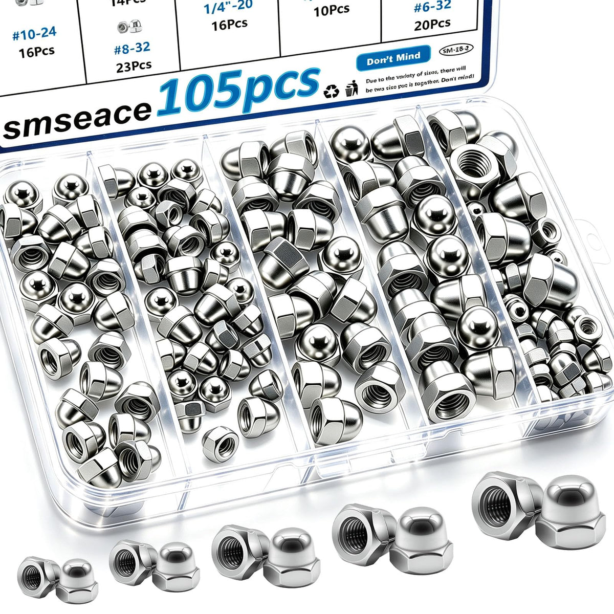 105Pcs 304 Stainless Steel SAE Acorn Nuts Assortment Kit