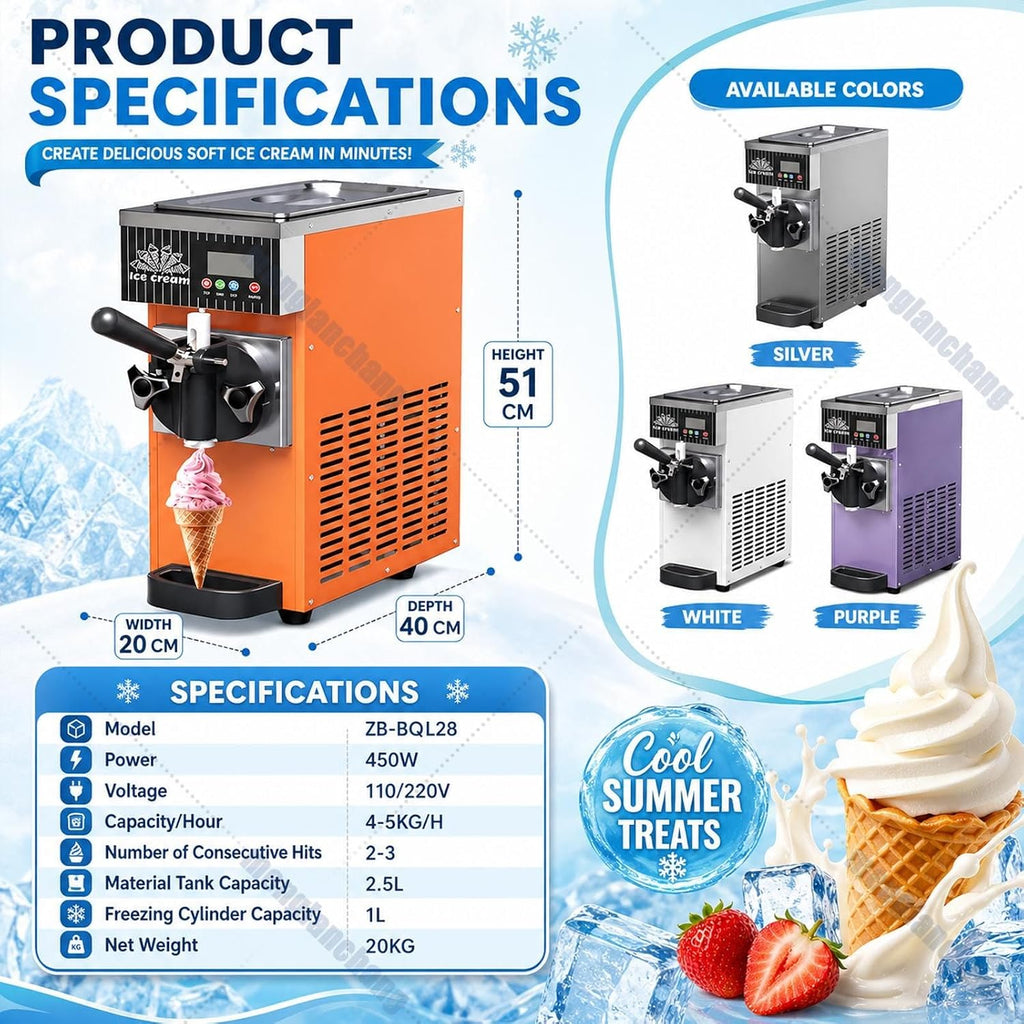 Soft Serve Ice Cream Machine for Home&Commerce-450w Countertop Single Flavor Maker, 4-5L/H Yield, with 2.5l Material