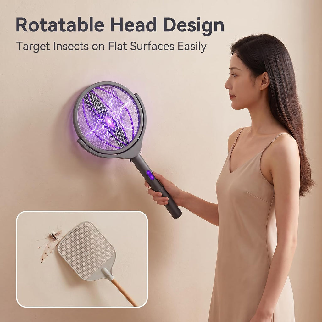 Rotating Head Electric Fly Swatter Rechargeable, 360° Swivel Mosquito Zapper Racket with Telescopic Extension Handle