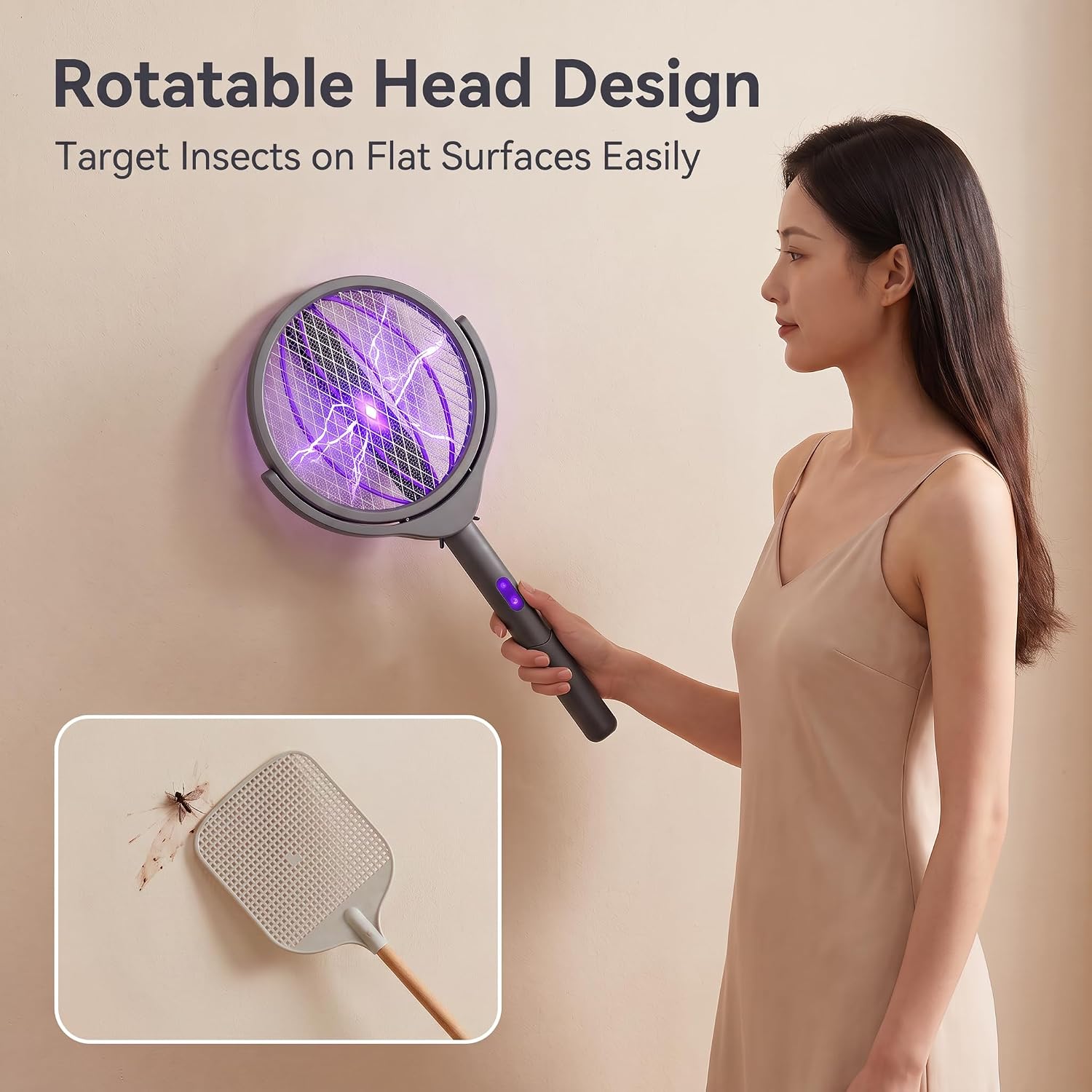 Rotating Head Electric Fly Swatter Rechargeable, 360° Swivel Mosquito Zapper Racket with Telescopic Extension Handle