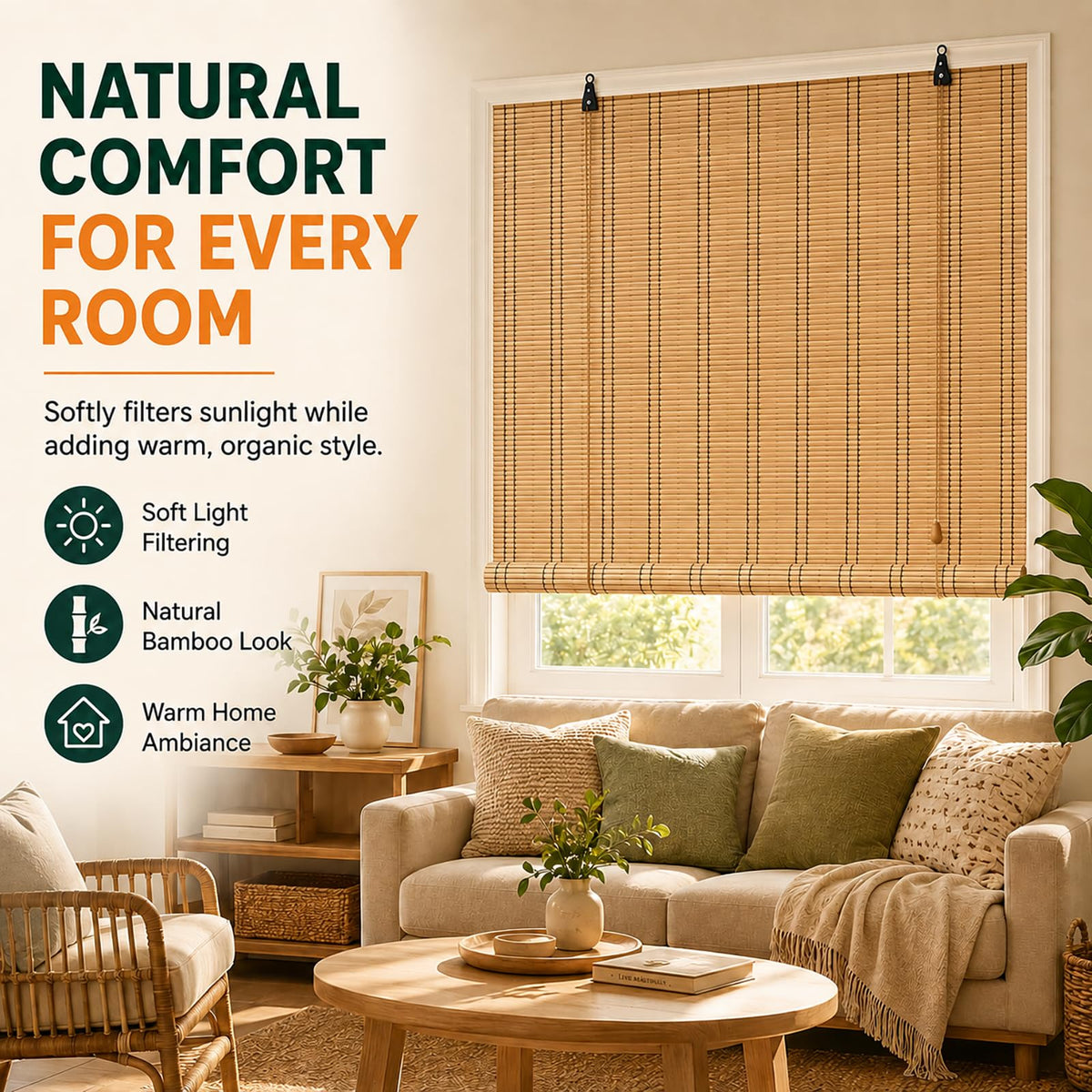 Bamboo Blinds for Interior Windows, Custom Roll Up Shades
