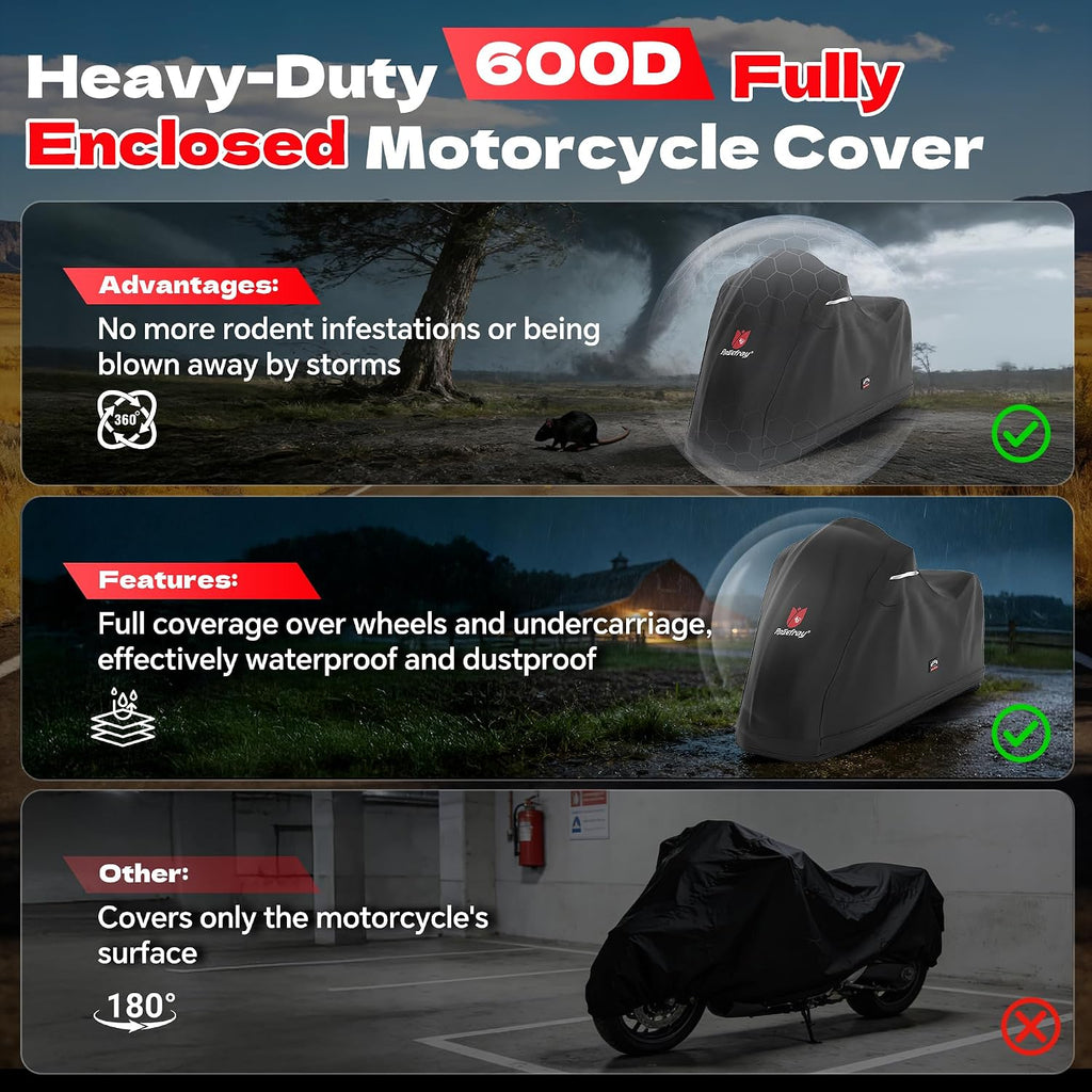 Full Enclosed Motorcycle Cover, 600D Heavy Duty Waterproof Bike Cover Outdoor Storage, Fits 86.6" for BMW Yamaha