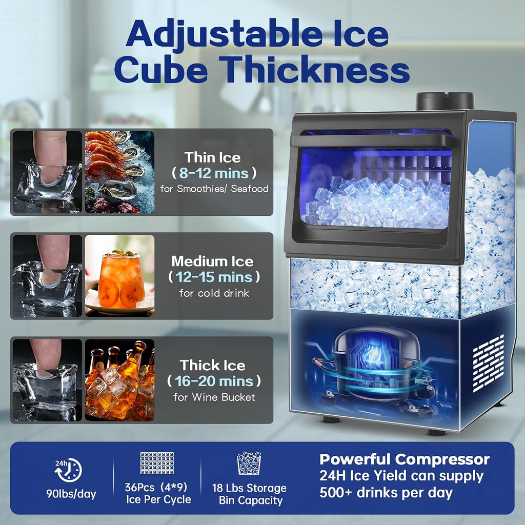 Commercial Ice Maker, 90 Lbs/24H Ice Maker Machine, Tap/Bottled Water Inlet