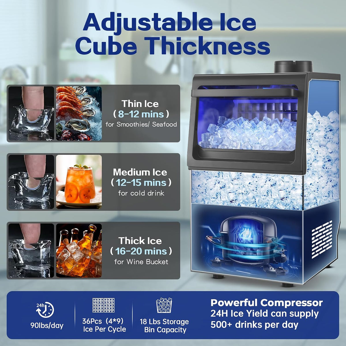 Commercial Ice Maker, 90 Lbs/24H Ice Maker Machine, Tap/Bottled Water Inlet