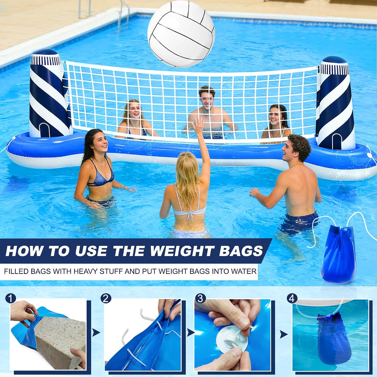 Large Inflatable Pool Games Volleyball Net Pool Float Set | 19" Beach Ball, Lighthouse Design, Floating Swimming