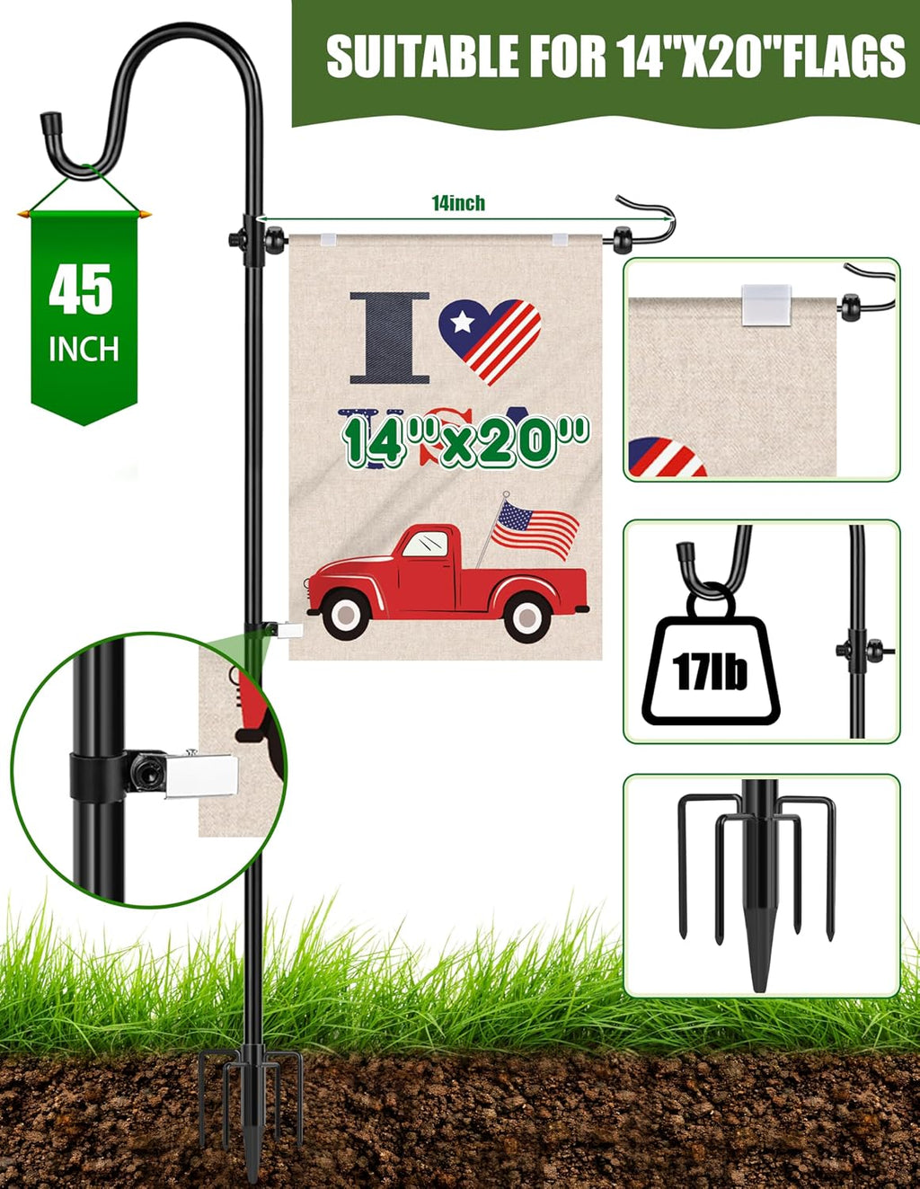 Garden Flag Holder Stand with Shepherd Hook for 14'' x 20'' Flags Upgraded Flagole with 2 Spring Stoppers and 1 Clip