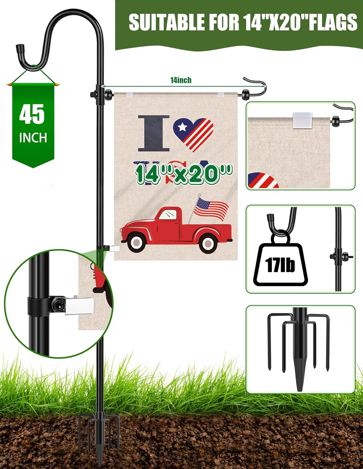 Garden Flag Holder Stand with Shepherd Hook for 14'' x 20'' Flags Upgraded Flagole with 2 Spring Stoppers and 1 Clip