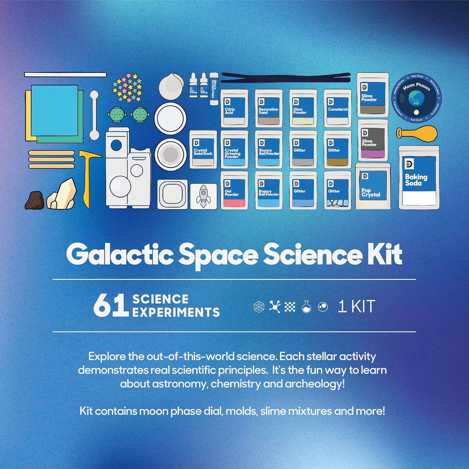 Galactic Space Science Kit – 61 Experiment STEM Lab for Kids| Astronomy & Chemistry Activity Set| Includes DIY