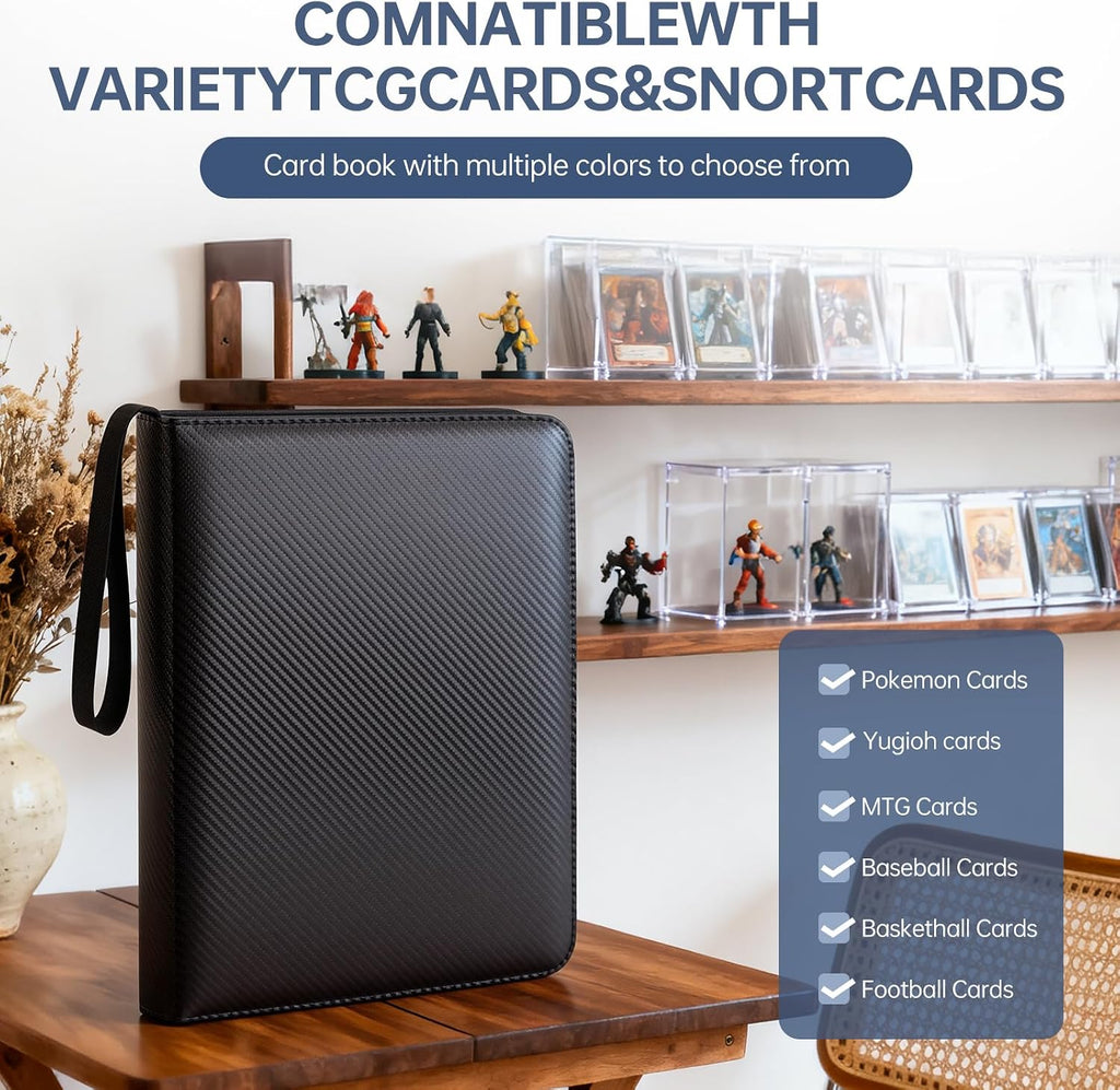 9 Pocket 720 Zip Trading Card Binder, Carbon Fiber Textured, Black | Double sided pocket, top loading, wear-resistant