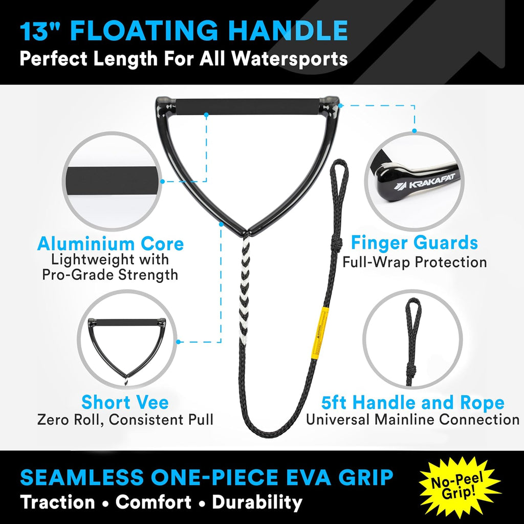 75ft Water Ski Rope, Wakeboard Rope - 13" Floating Handle with NEW Superior No-Peel Seamless EVA Grip - 7 Sections
