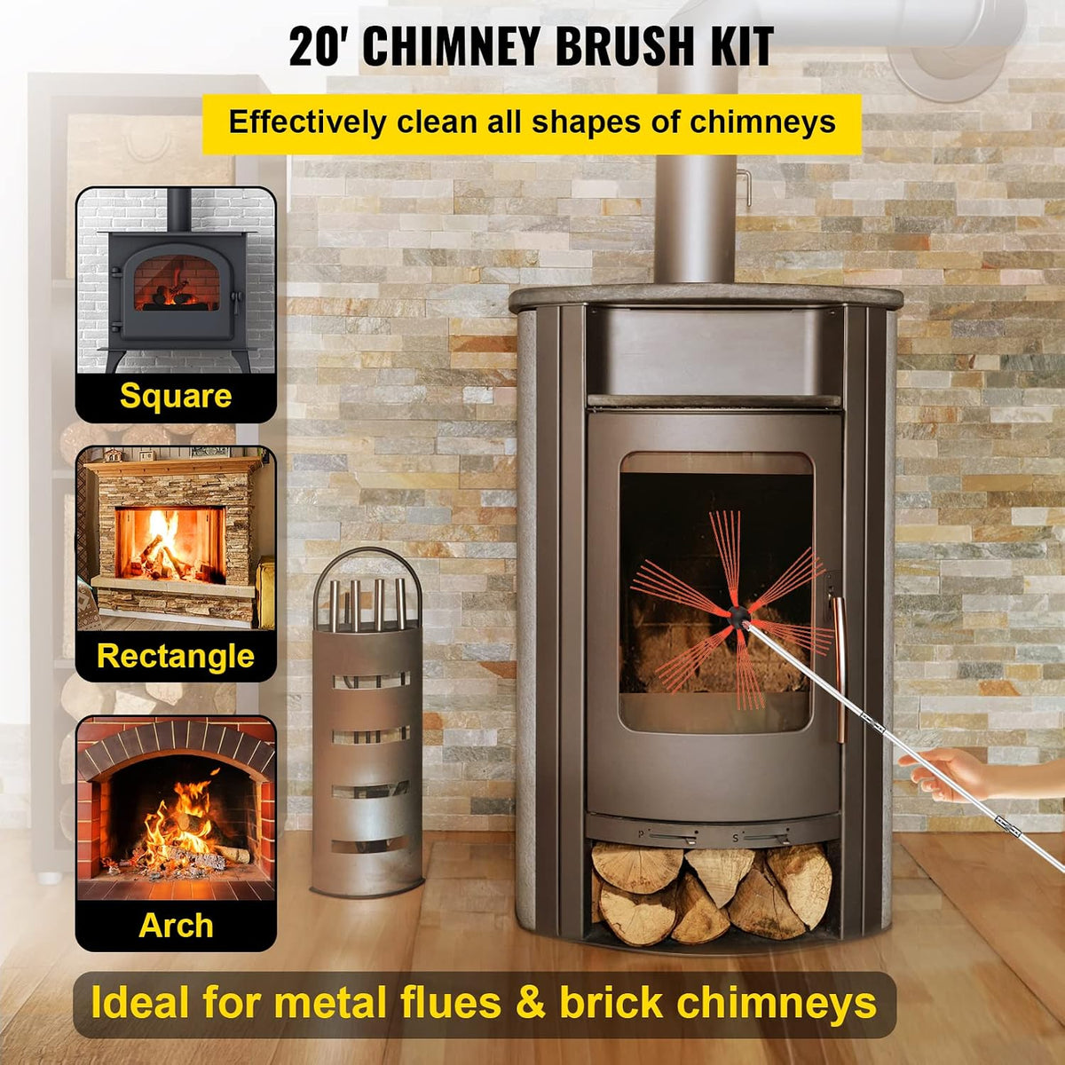 Chimney Sweep Kit 20FT Length, Chimney Brush Kit with 6 Nylon Flexible Rods, Rotary Chimney Cleaning Kit Driven by