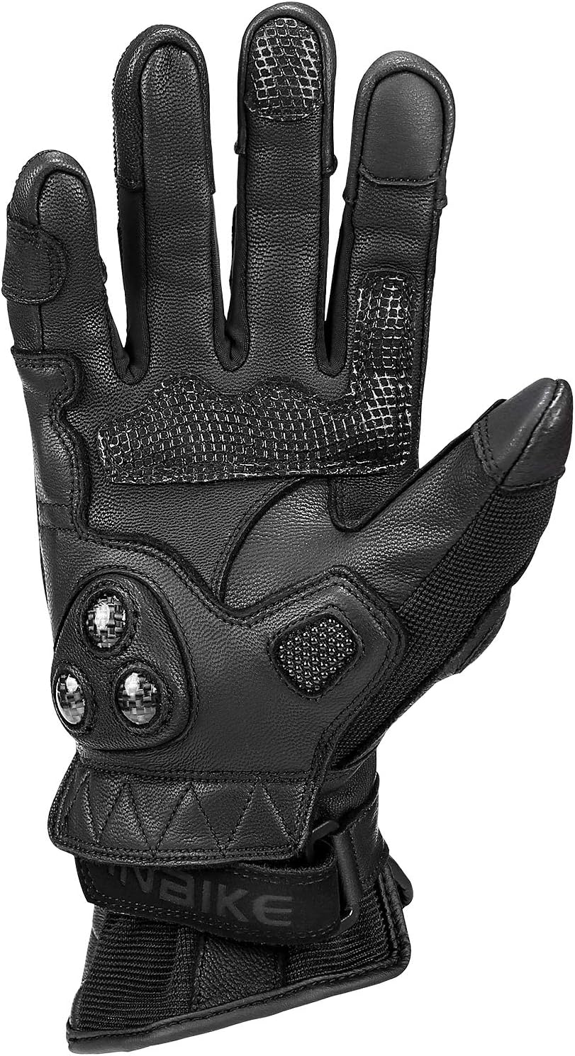Leather Motorcycle Gloves with Carbon Fiber Hard Knuckle Touch Screen for Women Black Medium