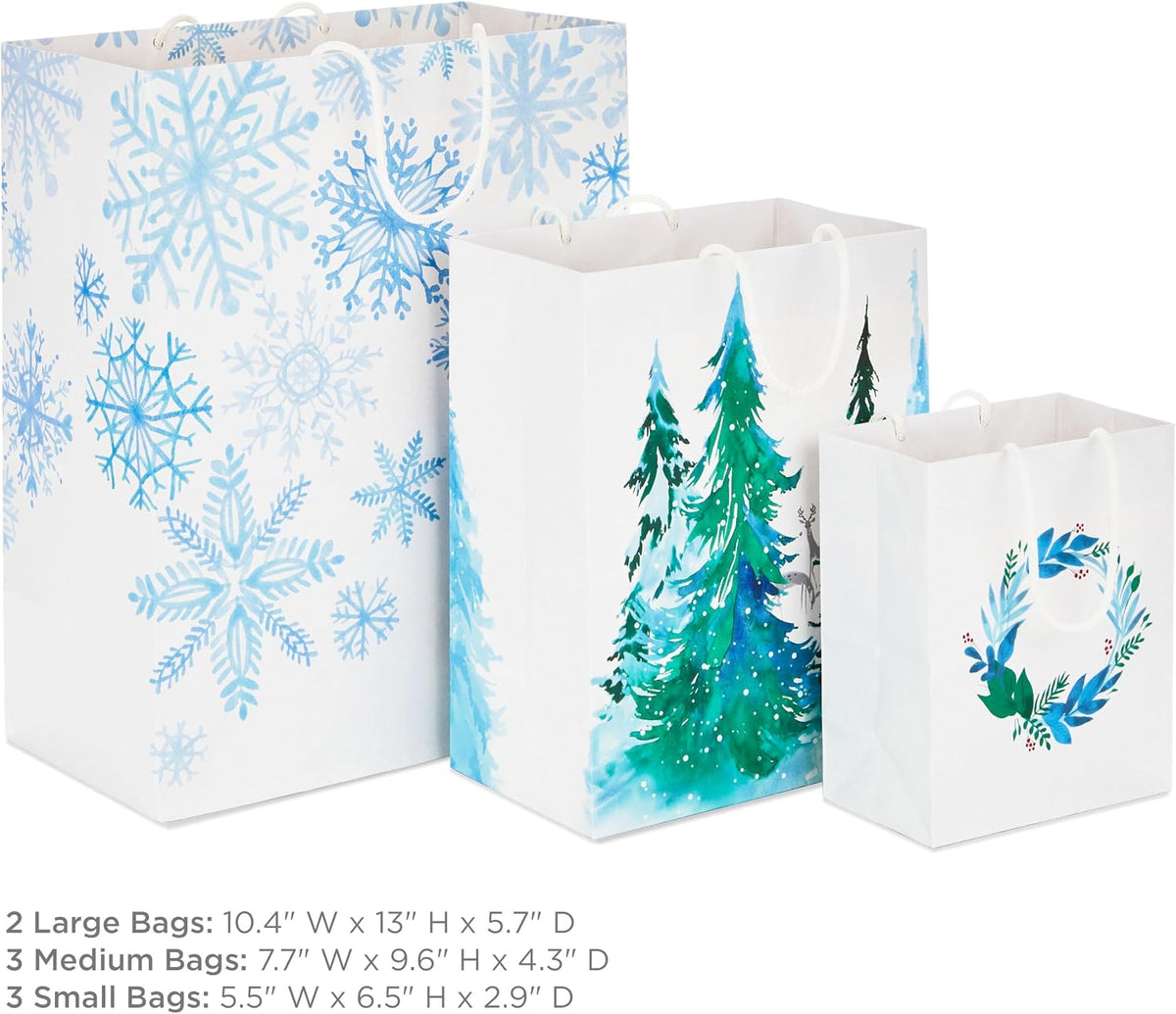 Christmas Gift Bags, Assorted 8-Pack (Wreath, Trees, Snowflakes)