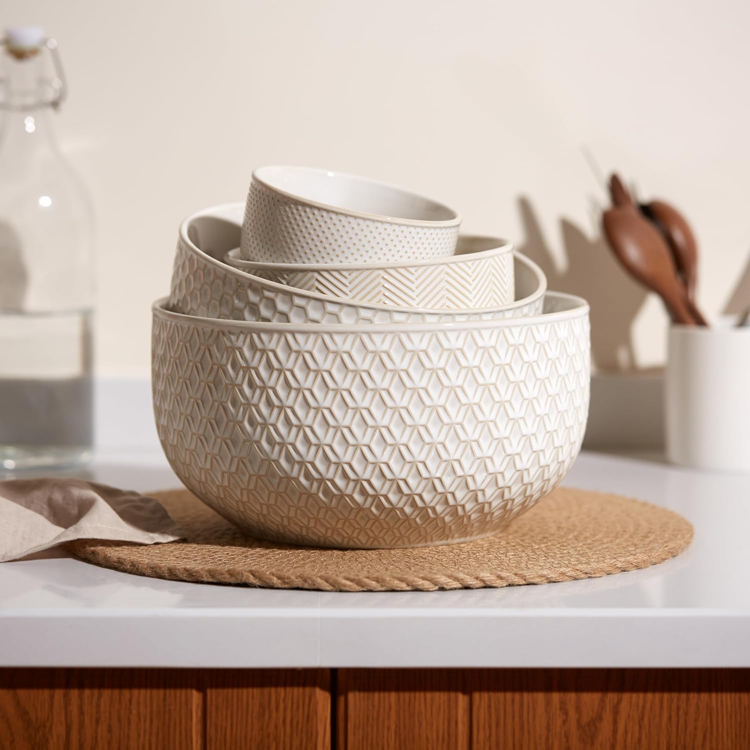Ceramic Mixing Bowls, Nesting Set of 4, Embossed Kitchen Dishware, Prep, Serving, Gift, Microwave and Dishwasher