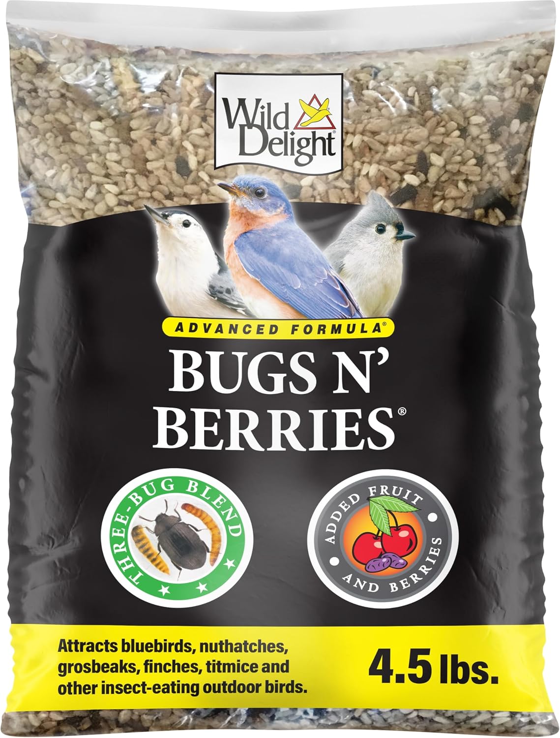 Bugs N Berries Bird Seeds for Outside Wild Birds, 4.5 Lbs | Three-bug blend with dried mealworms, raisins