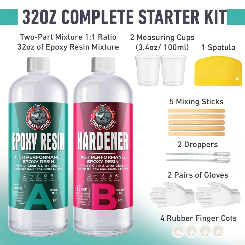 Crystal Clear Epoxy Resin Kit 32oz, Self-Leveling, Ultra-Glossy, Bubble Free, UV & Moisture Resistant Resin Kit for