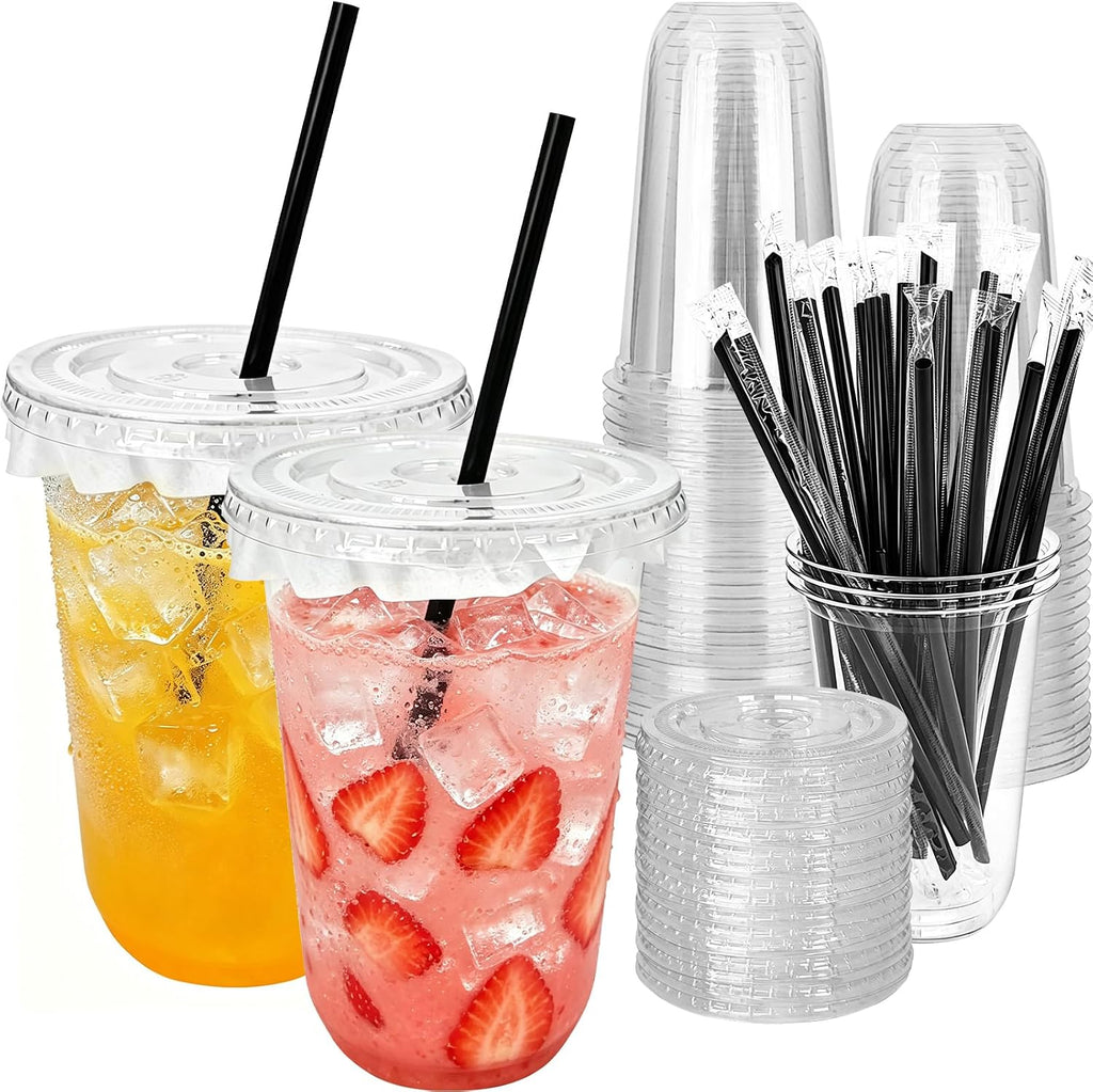 16 oz Clear Plastic Cups with Lids,Leak-proof Paper and Straws,25 Sets