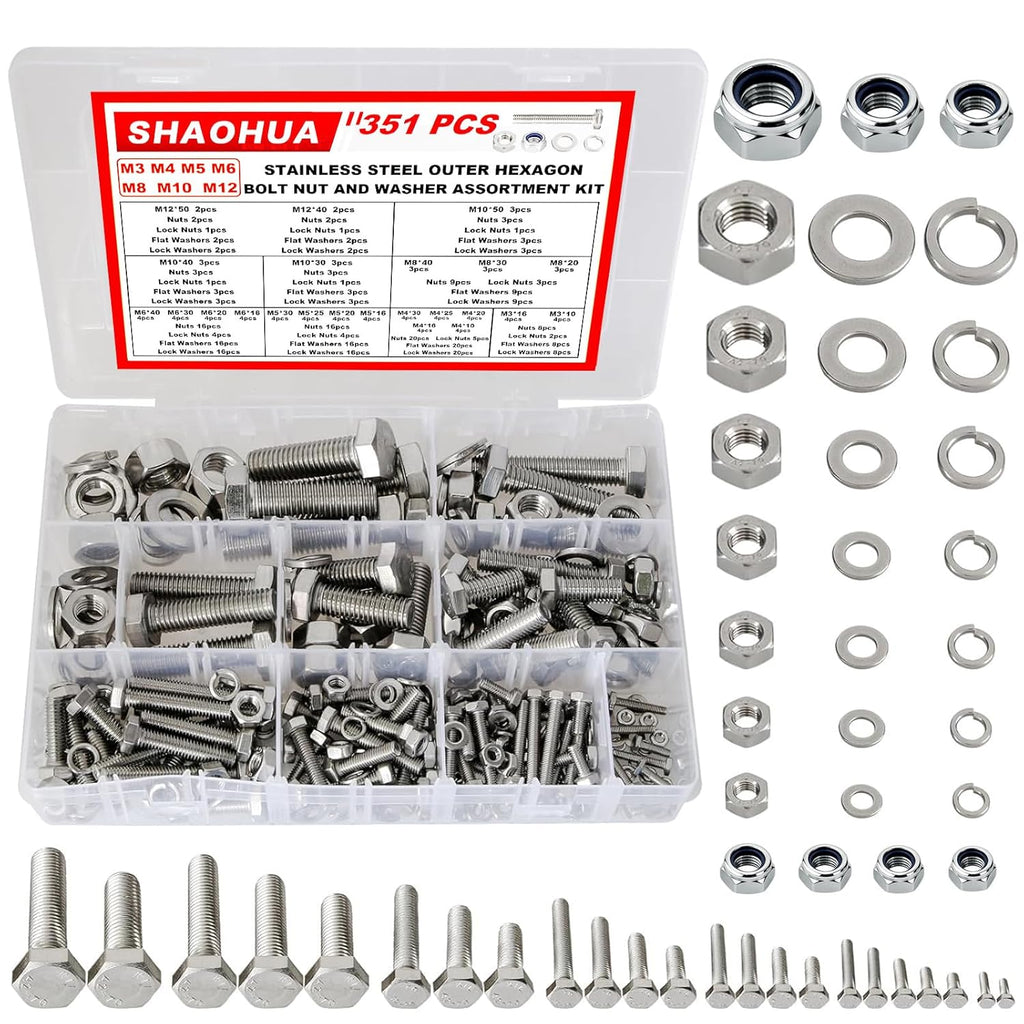 M3/M4/M5/M6/M8/M10/M12 Metric Bolt Assortment Kit, 304 Stainless Steel Heavy Duty Flat Hex Head Screws Bolts and Nuts
