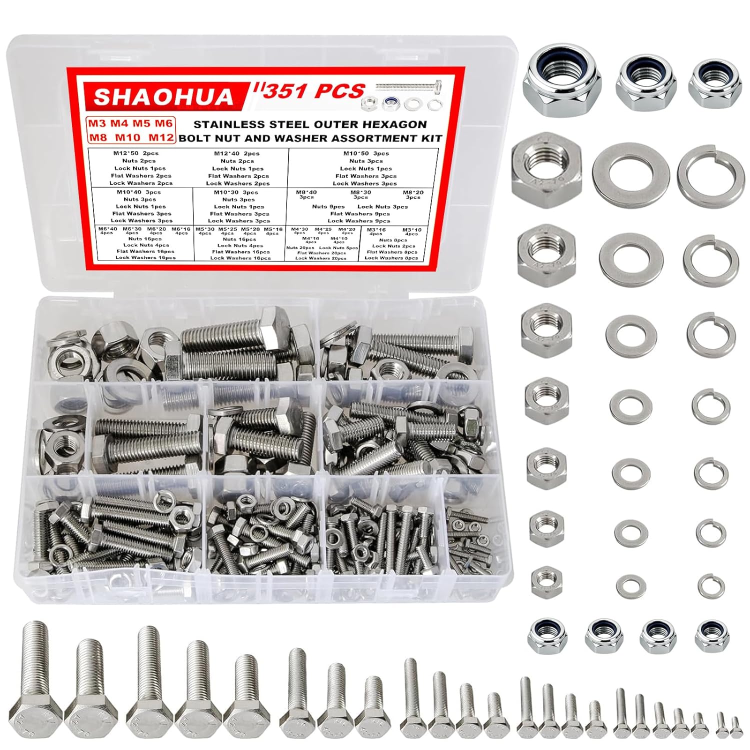 M3/M4/M5/M6/M8/M10/M12 Metric Bolt Assortment Kit, 304 Stainless Steel Heavy Duty Flat Hex Head Screws Bolts and Nuts