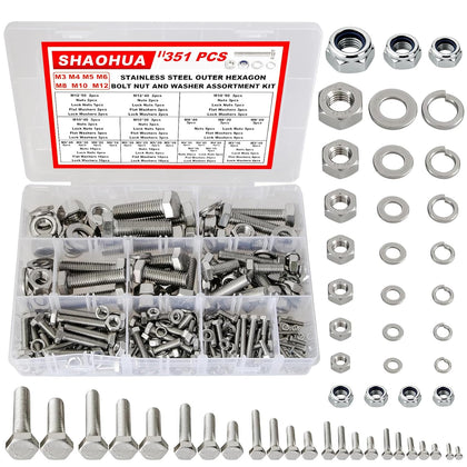 M3/M4/M5/M6/M8/M10/M12 Metric Bolt Assortment Kit, 304 Stainless Steel Heavy Duty Flat Hex Head Screws Bolts and Nuts