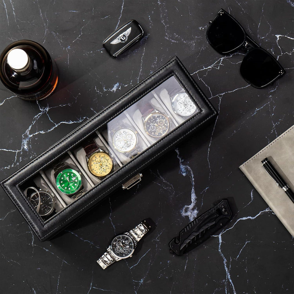 Watch Box, 6 Slot Watch Display Case with Drawer -Black | Mens Watches Case with Glass Lid, 2-Layer Mens Jewelry