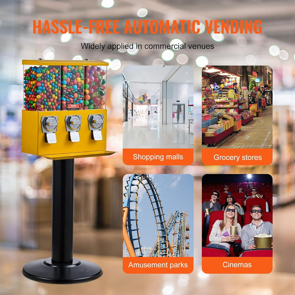 Commercial Vending Machine, Triple Compartment Candy Dispenser with Iron Stand, Gumball and Candy Machine for