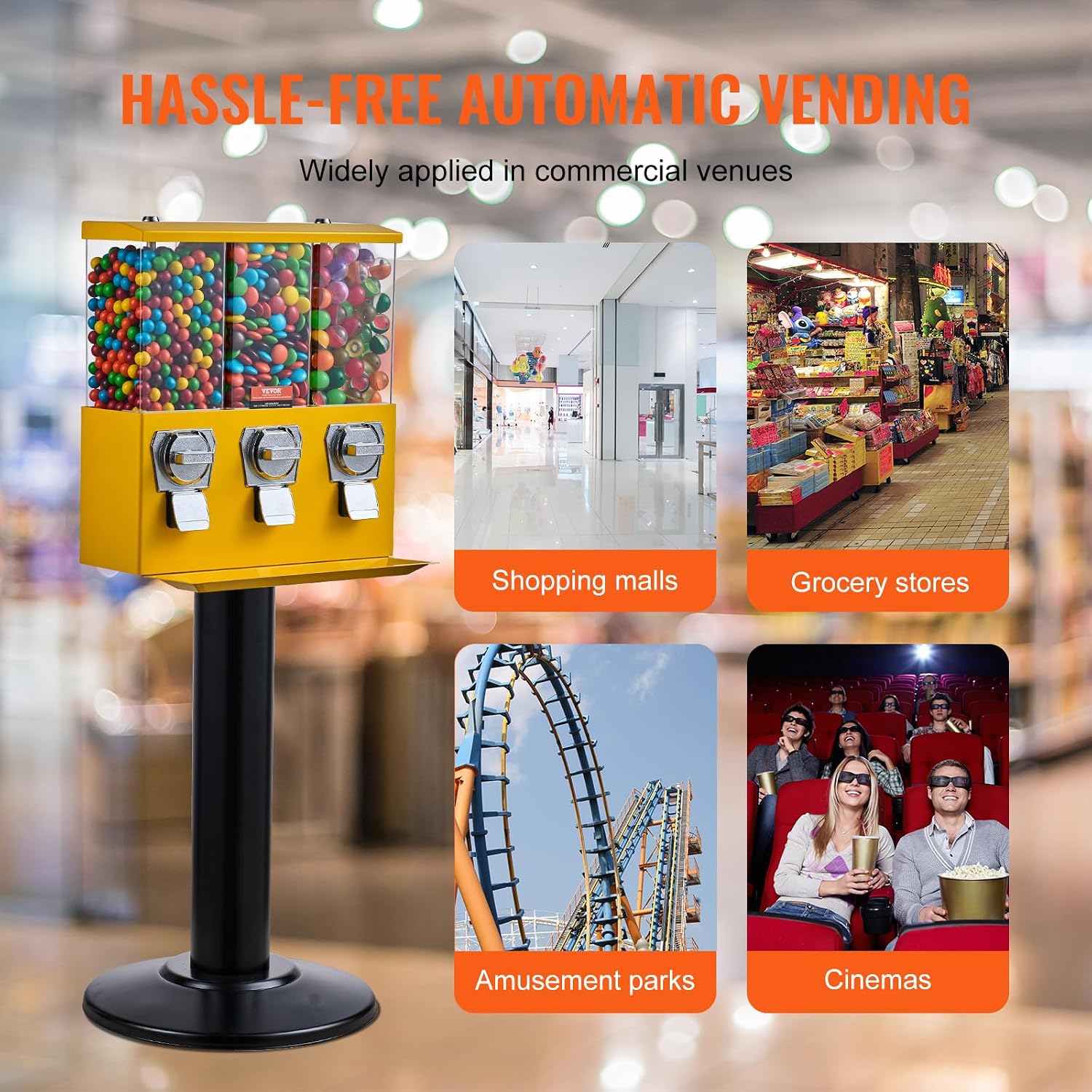 Commercial Vending Machine, Triple Compartment Candy Dispenser with Iron Stand, Gumball and Candy Machine for