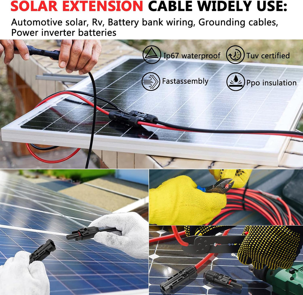 2x30 Feet Solar Panel Extension Cable- 10AWG Solar Cable Solar Panel Cable with Female and Male Waterproof Connectors