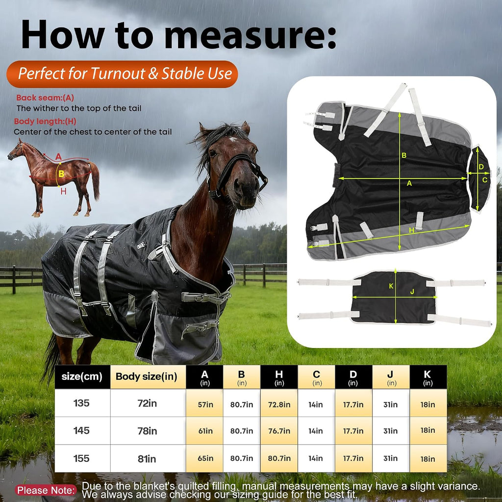 1200D Turnout Horse Blanket with Belly Wrap, Black/Gray, 72IN