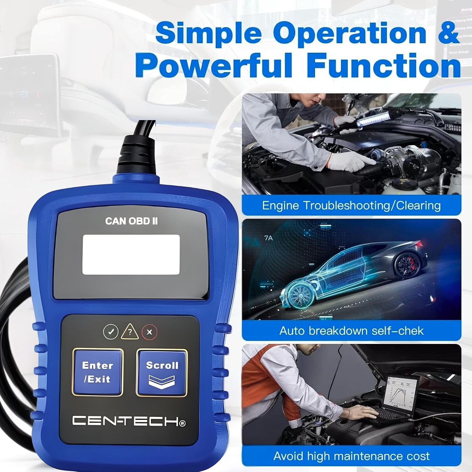 OBD2 CAN Code Reader, Check Engine Light Scanner, 1996+ Vehicles Tester | Plug-and-play, no batteries or apps needed;
