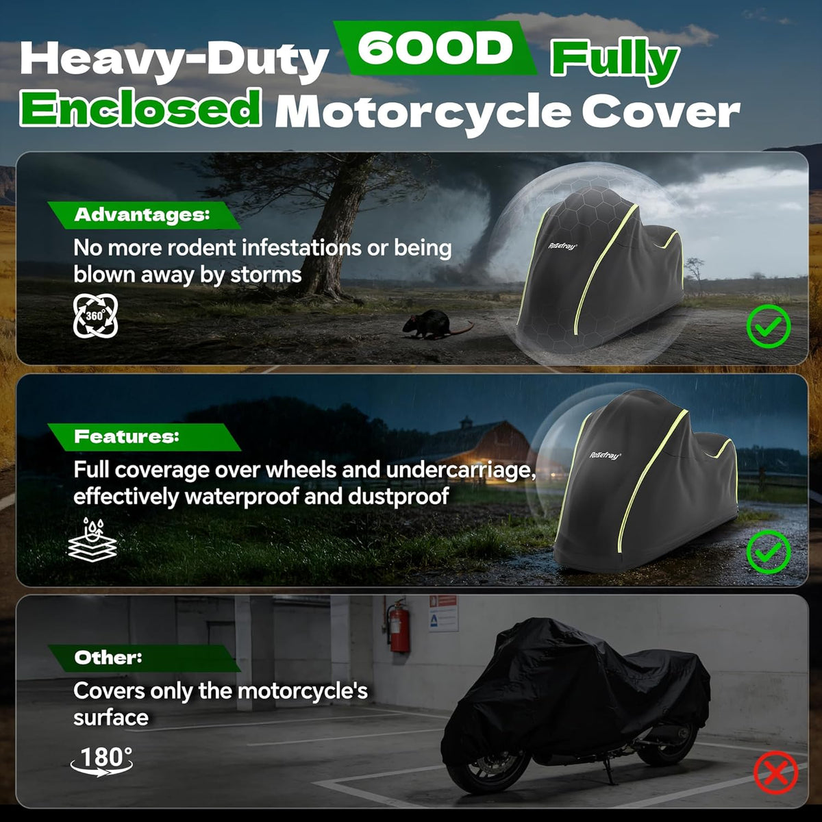 Full Enclosed Heavy Duty Motorcycle Cover, 600D Waterproof Outdoor UV Protection, Fits 86.6" Motorcycles for BMW
