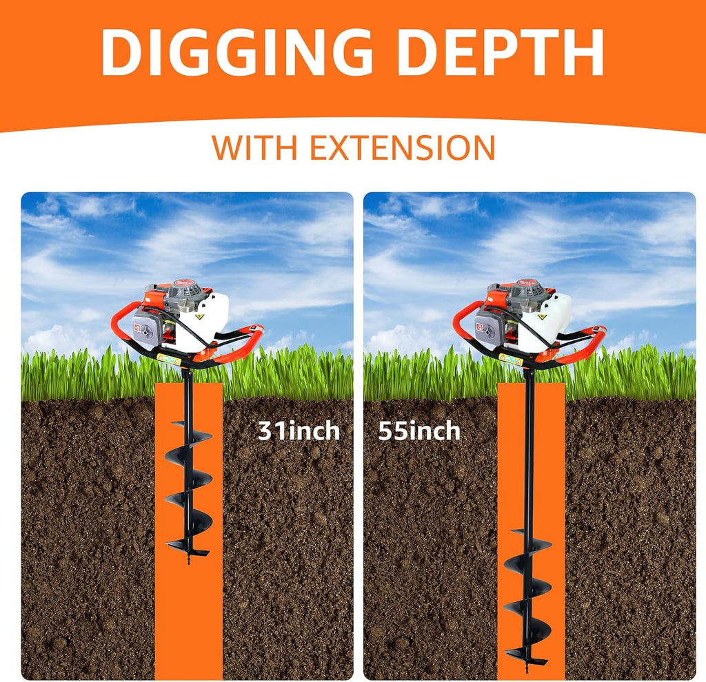 72CC Auger Post Hole Digger Gas Powered w/ 3 Bit & 2 Rods | 4" & 8" & 12" Auger Bits + 24" & 24" Extension Rod, Heavy