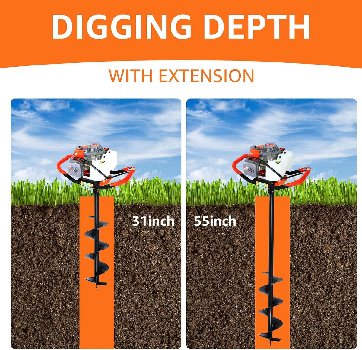 72CC Auger Post Hole Digger Gas Powered w/ 3 Bit & 2 Rods | 4" & 8" & 12" Auger Bits + 24" & 24" Extension Rod, Heavy