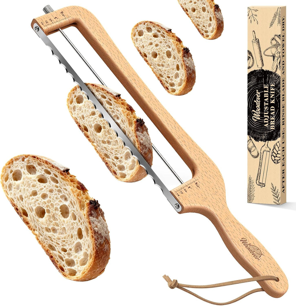 Adjustable Bread Slicer for Home Use, Wooden Sourdough Bread Knife for Homemade Bread with Bow Design, Premium