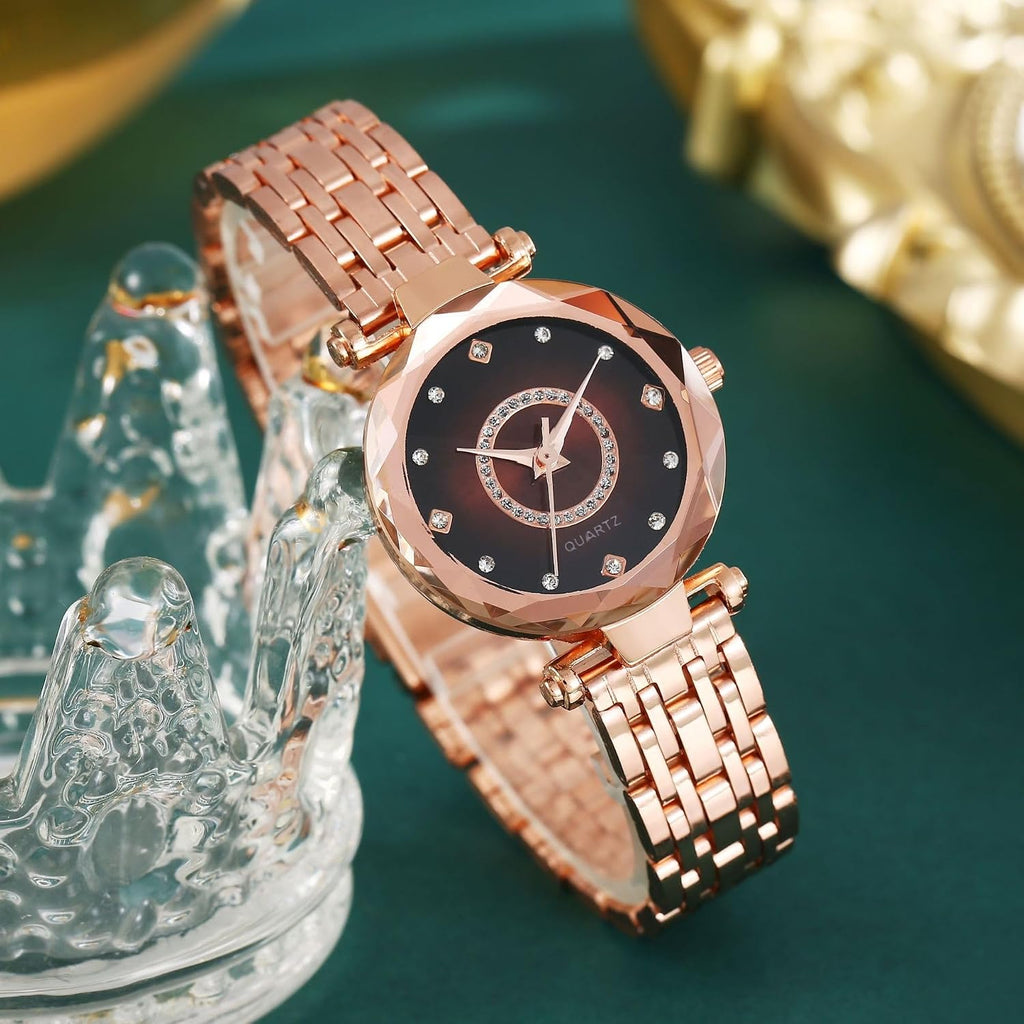 Women Watches with Bracelet Rose Gold for Lady Elegant Stainless Steel Strap Fashion Analog Creative Diamond Dial