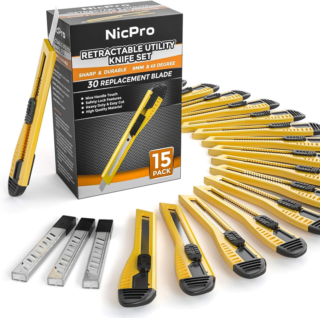 15 PCS Utility Knife, Retractable Box Cutters Razor Knife Snap 9mm