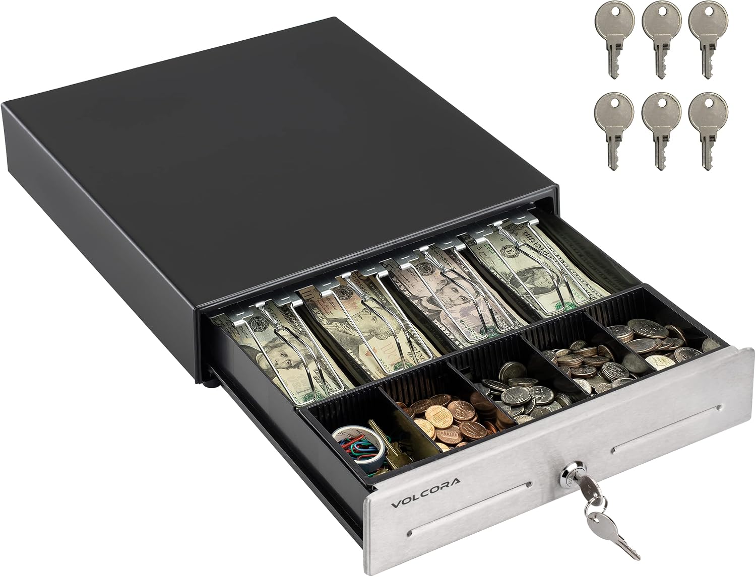 13" Cash Register Drawer for Point of Sale (POS) System, 4 Bill 5 Coin Cash Tray, Black and Stainless Steel Front