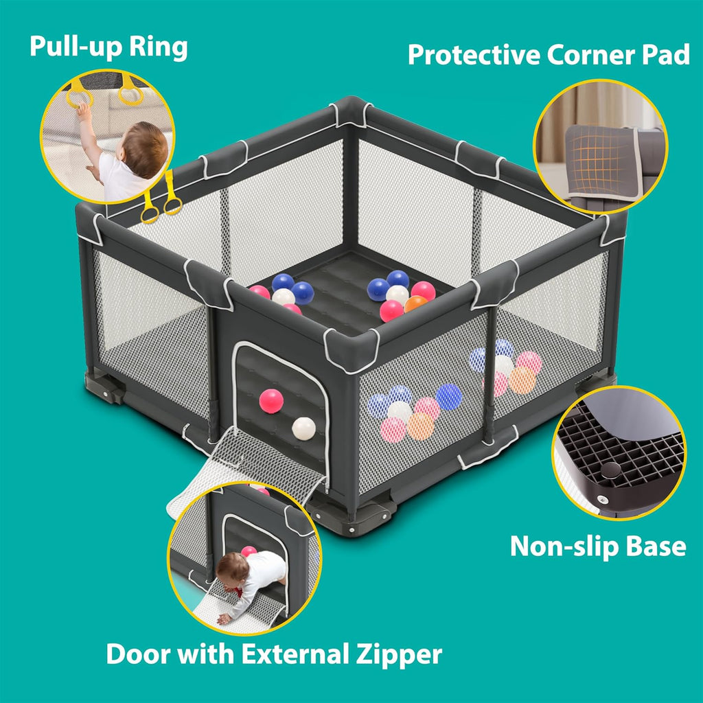 Foldable Playpen for Babies and Toddlers, 50x50 Inches Portable Playpen, Kids Collapsible Play Pen with 2 Handlers
